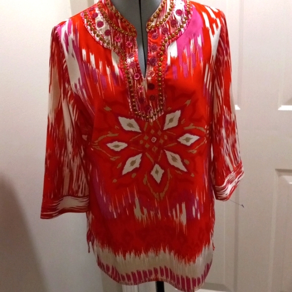 Chicos Sz 0,(4/6) Red/plum, Studded,Embellished, VNeck Tunic - Picture 2 of 10